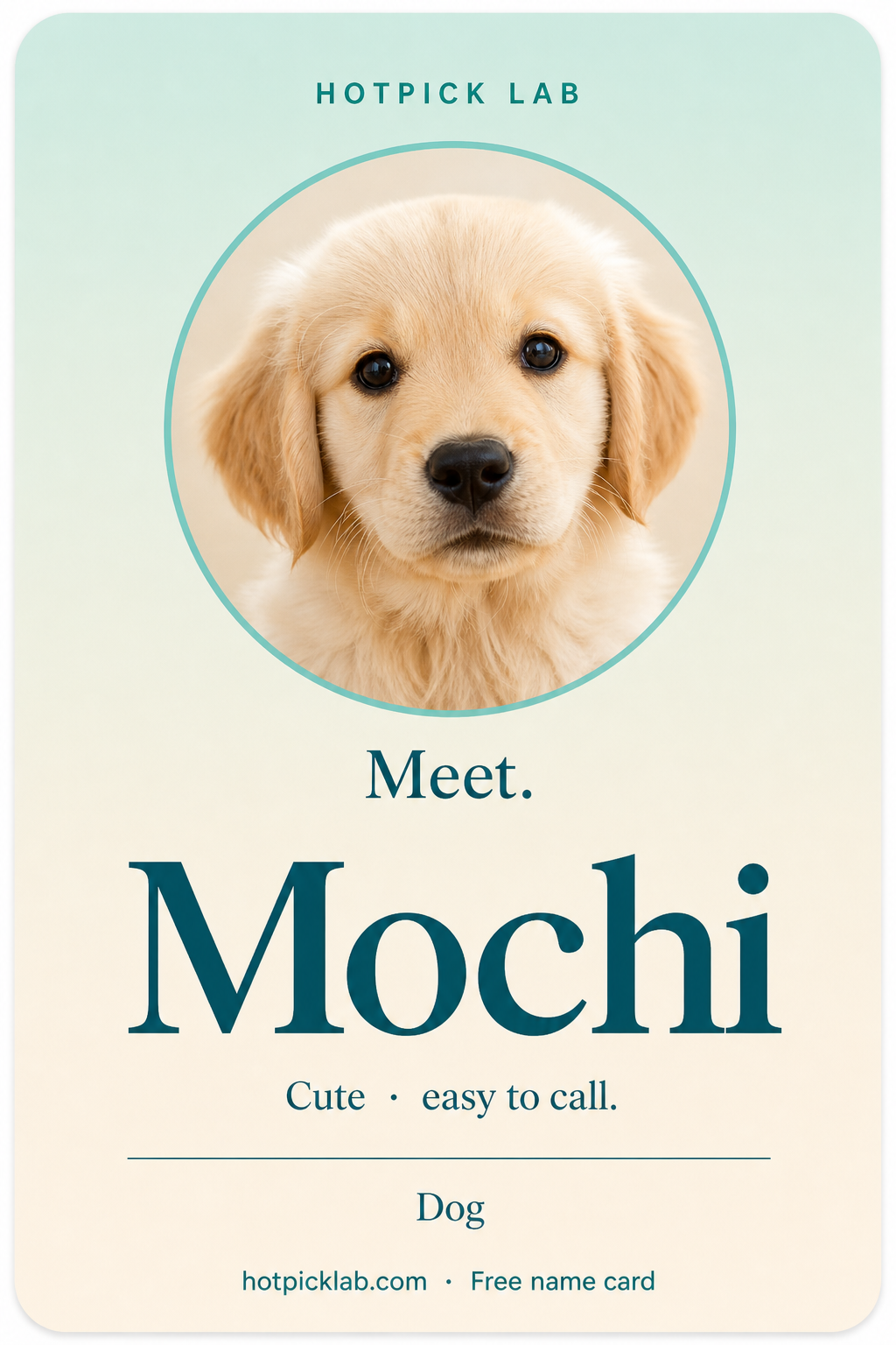 Sample name card: Meet Mochi, cute dog photo, free HotPick Lab name card